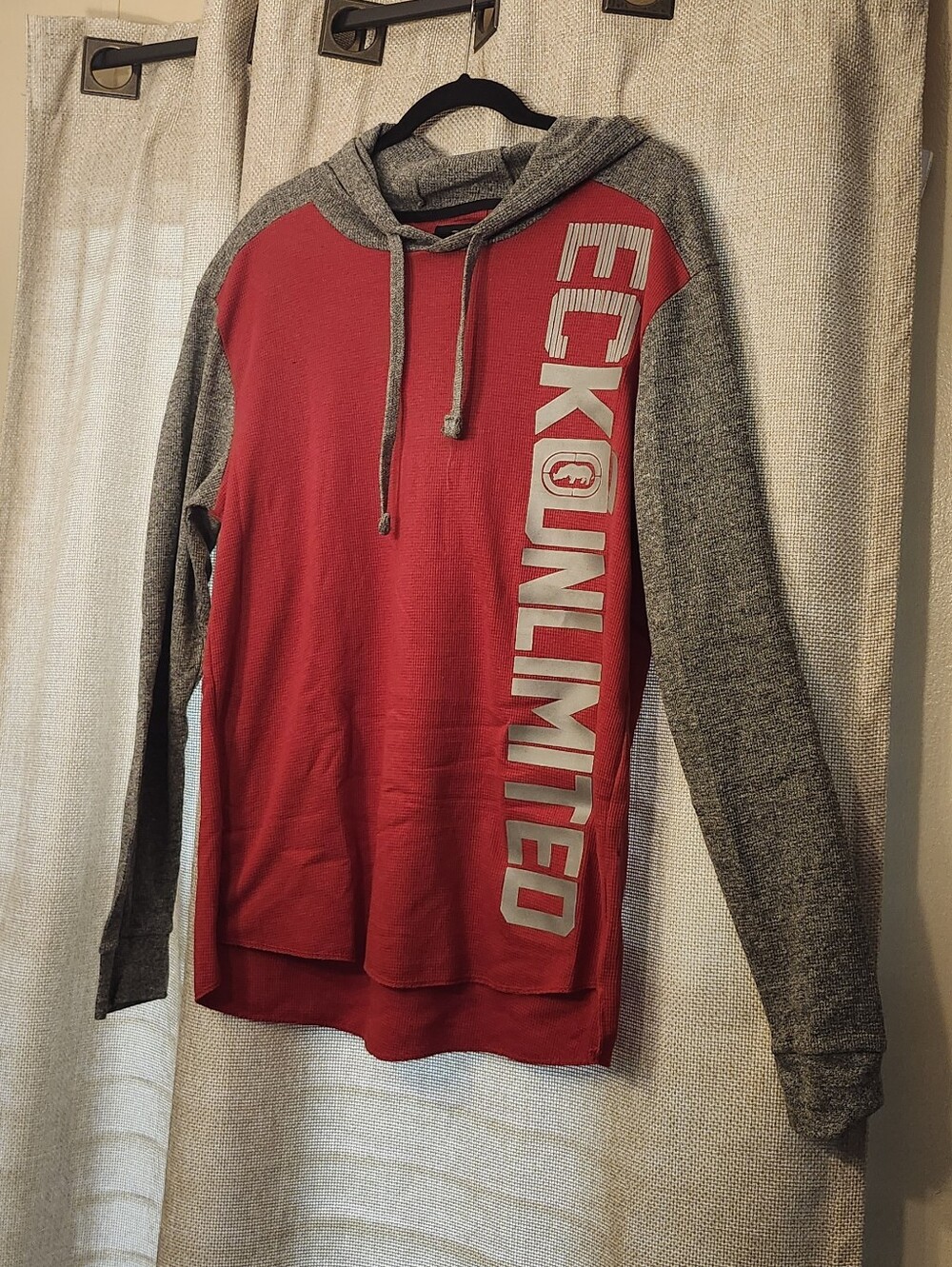 Ecko Unlimited Red and Gray Hooded Long-Sleeve Shirt